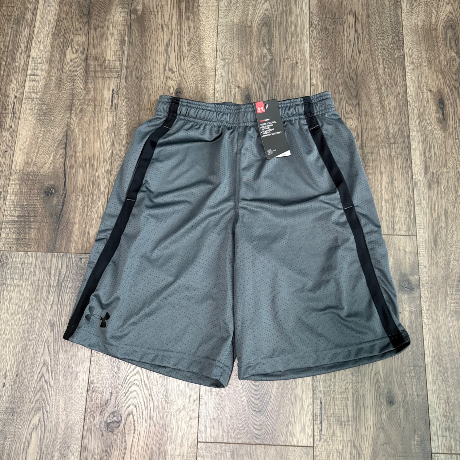 Under Armour Mens Heatgear Mesh Athletic Shorts Grey Black Loose Fit Small New